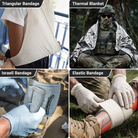 IFAK trauma kit with tourniquet; black MOLLE bag; contains triangular, Israeli, elastic bandages and a thermal blanket.