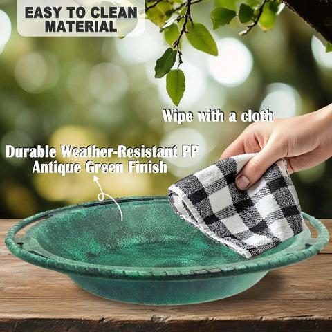 Hanging Bird Bath And Feeder Bowl For Outdoors 12 Inch With Chains Durable Weather Resistant PP Antique Green Backyard Garden Decor being wiped clean.