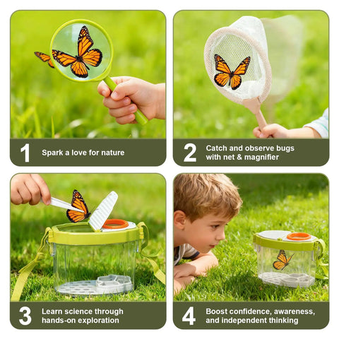 Children using Kids Gardening Tools And Bug Catcher Kit Two In One Outdoor Toys With Wheelbarrow And Bug House STEM Educational Toys For Ages 3 To 5 Birthday Gifts And Backyard Fun.