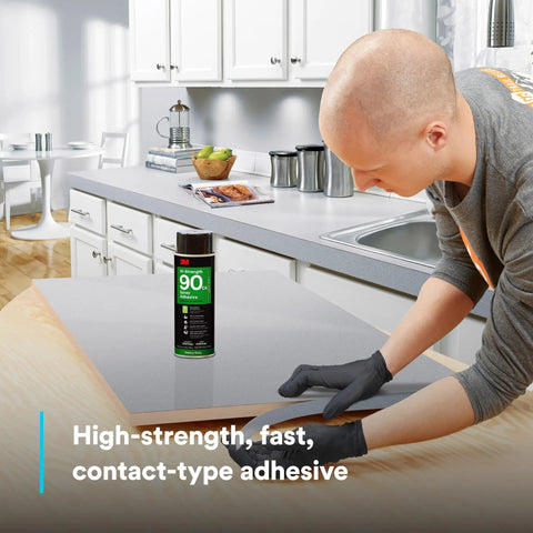 High Strength Spray Adhesive Glue Clear Fast Dry Formula 19 Oz Aerosol Can for wood, metal, plastic application in a kitchen.
