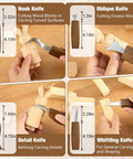 Starter Wood Carving Kit For Beginners And Kids, 20 Piece Set with Eight Whittling Knives and usage demonstration.