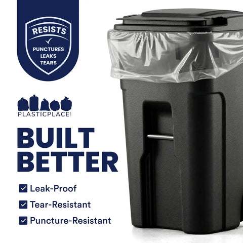 Heavy Duty 95 To 96 Gallon Clear Trash Bag Liners 1.5 Mil Thick Jumbo Rollaway Bin Sacks Tough For Heavy Yard Debris And Commercial Waste 25 Count Pack on a black trash can.