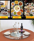 Solid Tempered Glass Lazy Susan Turntable Featuring Smooth 360 Spin And Safe Round Edge Guard on dining table with food and drinks.