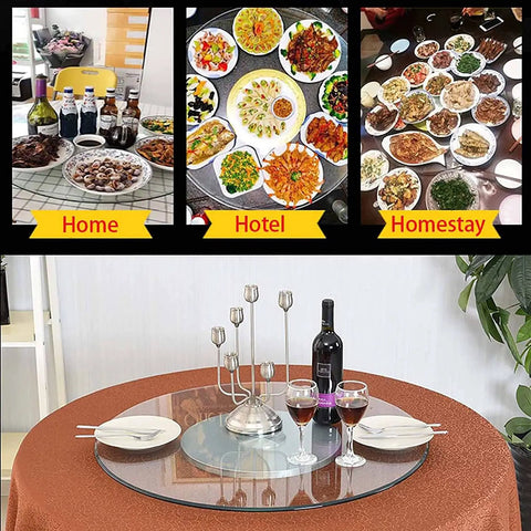 Transparent Tempered Glass Lazy Susan Featuring A Slick Swivel Plate And Safer Flared Rim for effortless serving at a dining table.