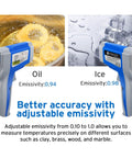 Non Contact Infrared Thermometer With Dual Laser For Objects, Adjustable Emissivity, 12 To 1 Distance To Spot, Measures -50C To 550C (58F To 1022F), Standard Size, Blue And Gray, Not For Human Use, Quick Read For Home DIY Or Shop. shown measuring oil and ice
