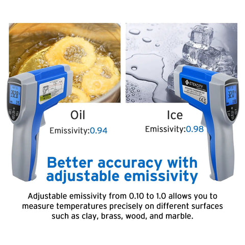 Non Contact Infrared Thermometer With Dual Laser For Objects, Adjustable Emissivity, 12 To 1 Distance To Spot, Measures -50C To 550C (58F To 1022F), Standard Size, Blue And Gray, Not For Human Use, Quick Read For Home DIY Or Shop. shown measuring oil and ice