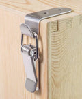 8 Pack Stainless Steel 90 Degree Spring Toggle Lock Latches With Mounting Screws installed on wooden box corner