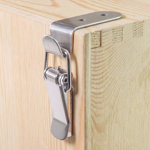 8 Pack Stainless Steel 90 Degree Spring Toggle Lock Latches With Mounting Screws installed on wooden box corner