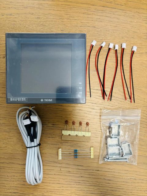 All In One 4 Inch Plc Hmi With 12 Input And 8 Relay Output Built In 2Ad And 2Da And 2 NTC10K Temperature Sensors High Speed 100KHz X0 X1 And Y0 Y1 Pulse Outputs 5V Pulse Not 24V FX1S20MR Compatible Industrial Control Made Easy, cables, connectors, and accessories on a wooden surface