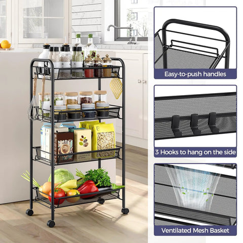 Four Tier Metal Utility Cart On Wheels With Mesh Wire Shelves Space Saver in kitchen with food, jars, and cleaning supplies.
