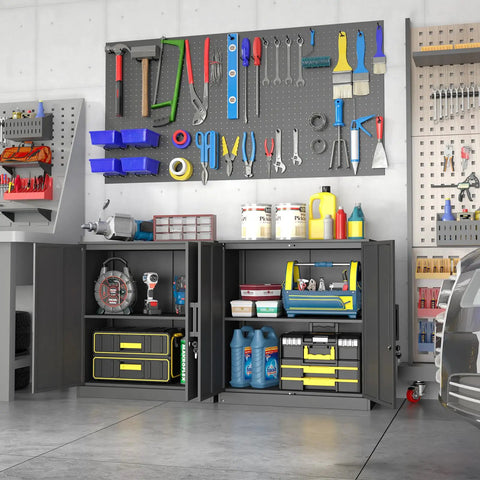 Metal Wall Cabinet With Lockable Doors in garage, shelves storing tools and supplies, black powder-coated steel, wall-mounted.