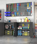 Lockable Steel Wall Mounted Cabinet, 28 Inch High, Two Door Metal Storage Locker, open in garage with tools and supplies