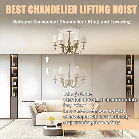Heavy Duty Electric Chandelier Hoist Lifter System With Remote 330 Lbs Capacity in modern living room for easy lamp maintenance.