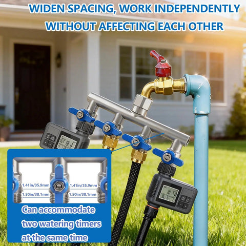 Heavy Duty 4 Way Garden Hose Splitter With Full Flow Ball Valve, 304 Stainless Steel, Lead Free, 3/4 Inch GHT Thread, Extra Long 2.1 Inch Handle, Outdoor Spigot Faucet Connector For Fast, Unrestricted Water Distribution on hose spigot with timers