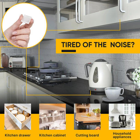 Twenty Pack Clear Silicone Bumper Blocks Rock Solid One Inch Heavy Duty Non Slip Furniture Pads Zero Fuss Invisible Self Adhesive Cabinet Drawer And Countertop Protectors used on kitchen surfaces, demonstrating noise reduction.