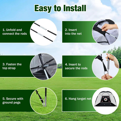 Step-by-step installation of All In One Golf Practice Net With Target Mat For Indoor And Outdoor Backyard Swing Training.