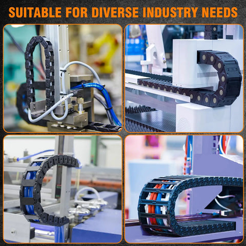 R55 Bridge Type Drag Chain Cable Carrier on robotic CNC setups showcasing 25x25 mm inner size, black PA66 nylon wire protection