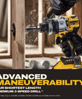 Close-up of 20V Max Brushless Half Inch Cordless Hammer Drill Kit delivering hella torque and drilling into wood.