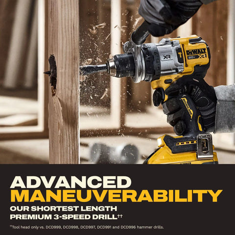 Close-up of 20V Max Brushless Half Inch Cordless Hammer Drill Kit delivering hella torque and drilling into wood.