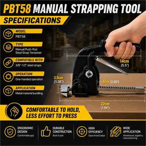 Manual Strapping Tensioner With Ergonomic One-Hand Pusher Bar, Lightweight Go-To Heavy-Duty Metal Bundling Tool For Three Eighths To One Half Inch Steel Straps, Ideal For Warehouse And Factory Use, one-handed use