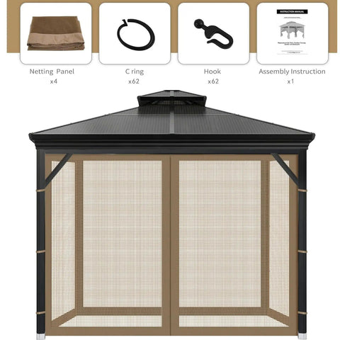 10x10 Gazebo Mosquito Netting Replacement With 4 Panel Screen Walls And Zipper, accessories shown, assembly instructions