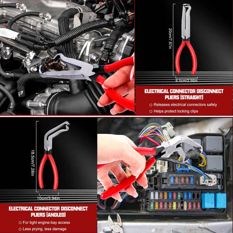 38 Piece Automotive Hose Clamp Pliers Set Plus Fuel Line Disconnect Toolkit with electrical connector pliers in use
