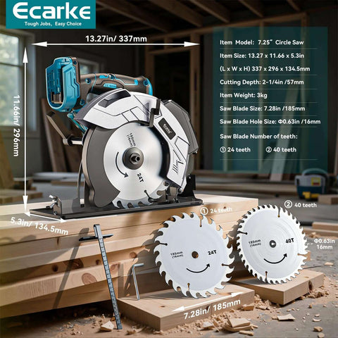 Ecarke cordless 7-1/4 in circular saw with laser guide, blue body; includes two blades (24T and 40T).