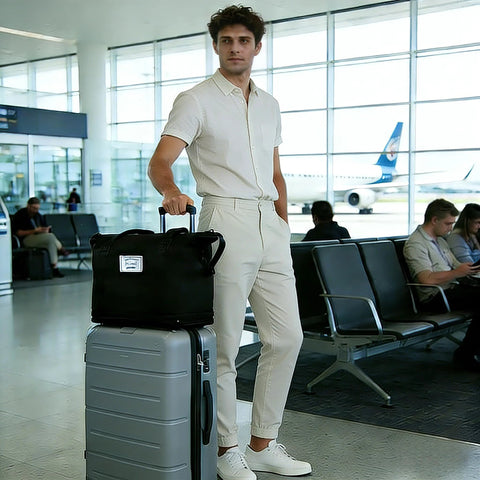 Black rolling duffle bag on a silver hard-shell rolling suitcase at the airport.