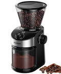 Hella Consistent Grind Flat Burr Coffee Bean Crusher With Thirty Two Precision Settings And Forty Second Auto Timer in sleek black with coffee beans.