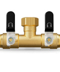 Rugged Brass Hose Splitter 2 Way With Full Flow 0.59 Inch Ball Valve And Shut Off, Three Quarter Inch Fittings, Heavy Duty Outdoor Garden Water Faucet Adapter For High Pressure, Two Independent Outlets, Easy Setup, No Leaks, front view