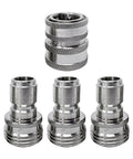 Front view of MTM Hydro 4-piece stainless steel 3/4-inch quick-connect pressure washer adapters set