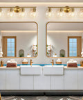 4-Light Over Mirror Bathroom Vanity Light With Clear Glass Globe Shades, 29.5 Inch Black Wall Sconce, brass metal, elegant design.