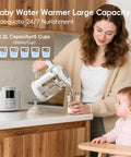 Mother pouring water from a 1.2L glass kettle into a container for baby, showcasing No Fuss Baby Bottle Warmer And Electric Kettle Featuring Ridiculously Fast Cool Down Fan Six Custom Temp Presets With Bright Lcd Screen Heating Formula Breastmilk Hot Coffee And Tea Straight Up Reliable For Weekend Warriors.
