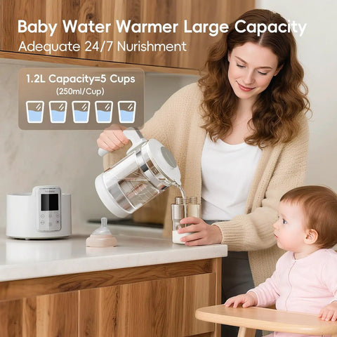 Mother pouring water from a 1.2L glass kettle into a container for baby, showcasing No Fuss Baby Bottle Warmer And Electric Kettle Featuring Ridiculously Fast Cool Down Fan Six Custom Temp Presets With Bright Lcd Screen Heating Formula Breastmilk Hot Coffee And Tea Straight Up Reliable For Weekend Warriors.