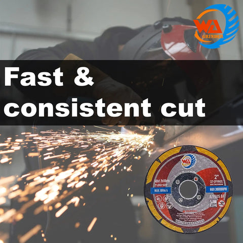 "20 Pack 2 Inch Thin Cutting Wheels For Metal And Stainless Steel Cut Off Discs With Three Eighths Inch Arbor Heavy Duty Burr Free Fast Cutting For Die Grinders And Mini Benchtop Chop Saws" cutting metal.