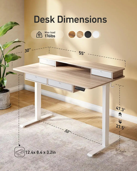 Fezibo 60 By 30 Inch Electric Standing Desk With Drawers Light Rustic Brown Finish dimensions displayed against a wall.