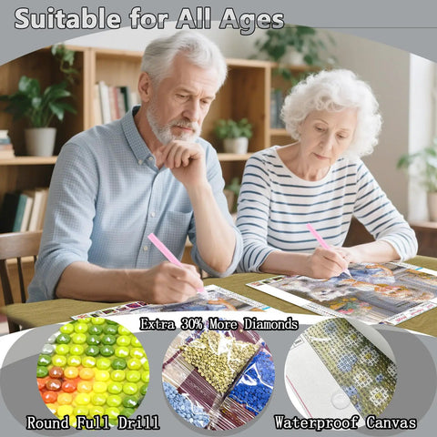 Elderly couple enjoying Dog Lover Diamond Painting Kit For Adults Beginners Full Diamond Dot Art DIY 12x12 Inch Gem Craft