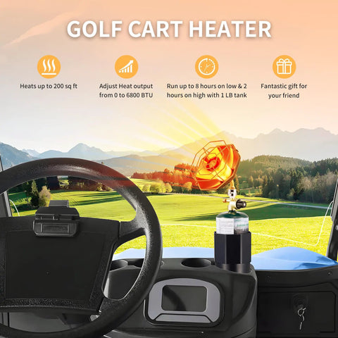 6800 BTU Propane Golf Cart Heater With Igniter, mounted on cart dashboard, 2 In 1 Cup Holder And Cylinder Base, scenic backdrop