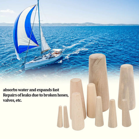Boater Ready Wooden Conical Bungs Plugs Set Ten Pcs For Thru Hull Emergency Seals Soft Wood Drain Plugs in front of a sailing yacht