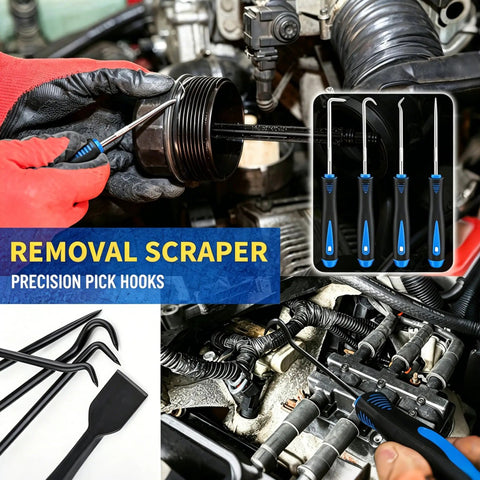 18 Piece Auto Trim And Fastener Removal Tools Set with telescoping magnetic pickup tool, scraper and pick hooks shown in use.