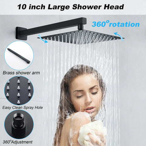 Woman enjoying shower under Matte Black Shower System With 10 Inch Rain Shower Head And High Pressure Faucet Set, spa upgrade