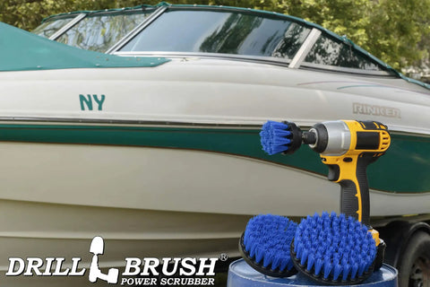 Powerful Drill Brush Hull Cleaner Kit for Fiberglass Boats showing spin brush set on deck near boat hull