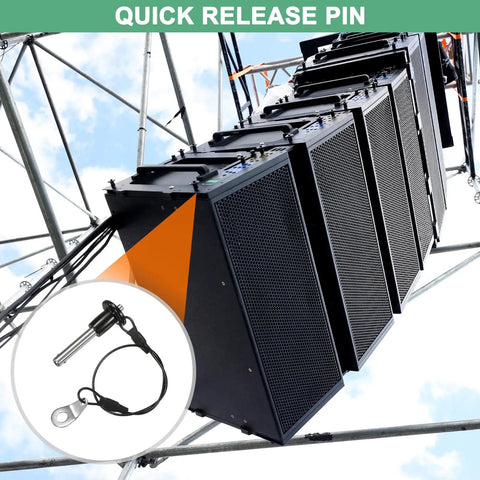 Four Pack Ball Locking Pins 6mm Diameter 25mm Length With Button Grip Quick Release Pins installed in speaker rig