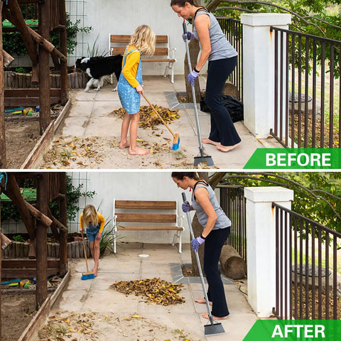 Two people using Heavy Duty Garden Cleaning Shovel With 56.5 Inch Adjustable Handle For Snow Removal on a sidewalk, before and after cleanup