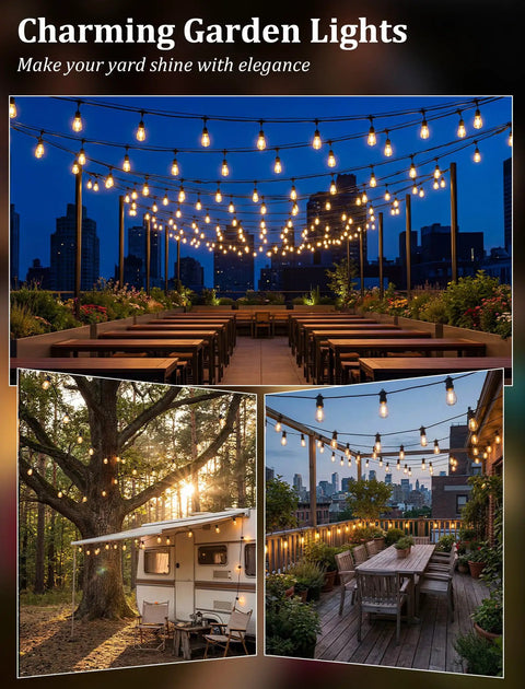 Charming garden with S14 Outdoor String Lights 100Ft Waterproof Patio Lights With 35 Shatterproof LEDs illuminating the scene.