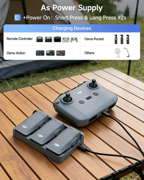 DJI controller charging with Neo 2 Battery Charging Hub Bundle with 3 original Neo 2 batteries and 65W parallel charger outdoors.