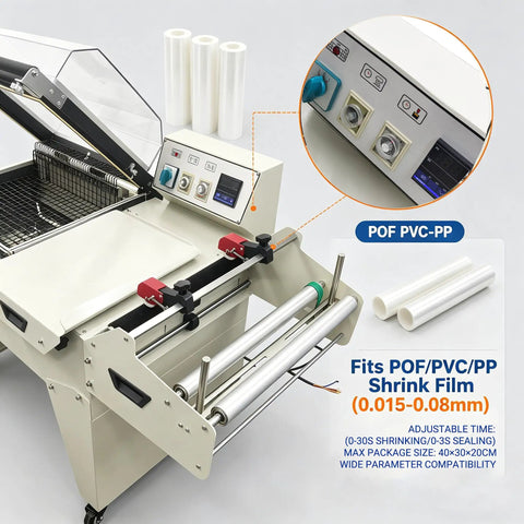 Game Changing Automatic Two In One Thermal Shrink Wrapping Machine With L Bar Sealer And Heat Tunnel For POF And PVC Film 3800W shown with user interface and film rolls.