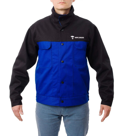 Flame Resistant FR Cotton Welding Jacket With Snap Front And Wrist Closures In Black And Blue, Lightweight Protective Gear, Size XXL