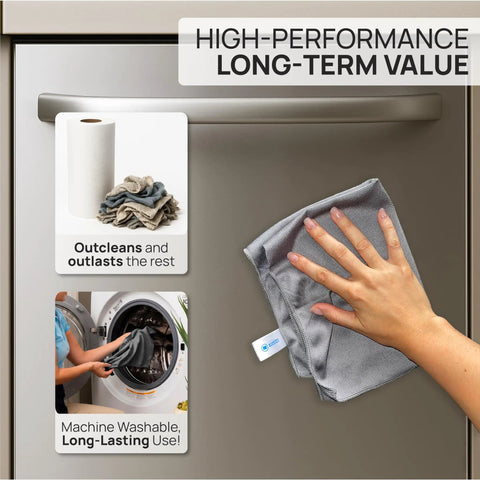 Hand using Stainless Steel Cleaning Cloths 8 Pack For Wiping Appliances And Surfaces With Just Water No Chemicals Safe For Food Prep