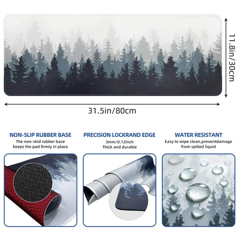 Forest Pattern Extended Gaming Mouse Pad Large Desk Mat Ultra Wide 31.5 X 11.8 Inches With Non Slip Neoprene Backing And Stitched Edges